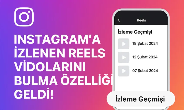 Instagram'a İzlenen Reels Vidolarını Bulma Özelliği duyurusunu gösteren görsel. “Instagram’a İzlenen Reels Vidolarını Bulma Özelliği Geldi!” yazısı ve bir telefon ekranında Reels izleme geçmişi bölümü yer alıyor.