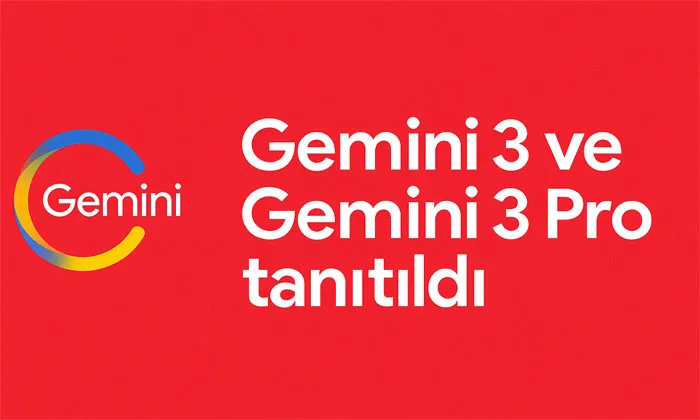 Kırmızı arka plan üzerinde Gemini logosu ve beyaz renkle yazılmış “Gemini 3 ve Gemini 3 Pro tanıtıldı” başlığı ile kapak görseli.