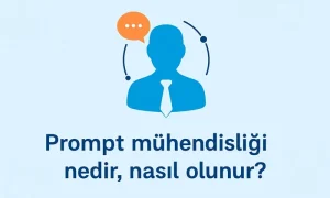 Prompt mühendisliği nedir, nasıl olunur?" başlıklı görselde, dijital motiflerle süslenmiş modern bir arka plan üzerinde bir insan silueti, konuşma balonu ve bağlantı noktaları yer alıyor.