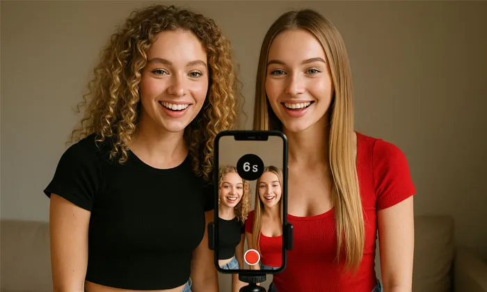 Vine çeken 2 adet kız önlerinde tripotta yer alan bir telefon ve 6 saniye vurgusu ile tanıtım görseli.