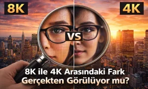 8K ile 4K arasındaki farkı gösteren karşılaştırmalı görsel, yakın planda 8K ve 4K çözünürlük detaylarının gözle farkı