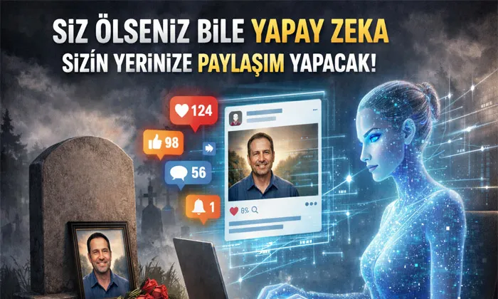 Meta’dan Siz Ölünce Paylaşım Yapacak Yapay Zeka'yı betimleyen dijital bir kapak fotoğrafı.