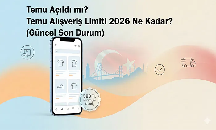 Temu açıldı mı sorusuna yanıt veren 2026 Temu alışveriş limiti görseli, 580 TL minimum sipariş ve Temu Türkiye son durum 2026 bilgisi
