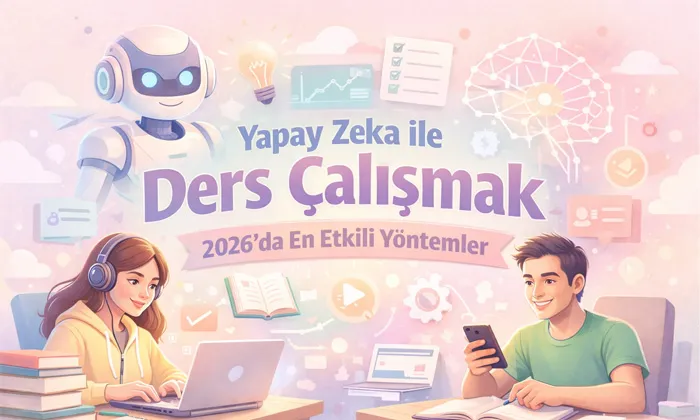 Yapay zeka ile ders çalışmak başlıklı öğrenci illüstrasyonu
