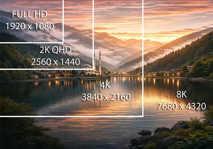 Full HD 2K 4K ve 8K görüntü farkları temsili.