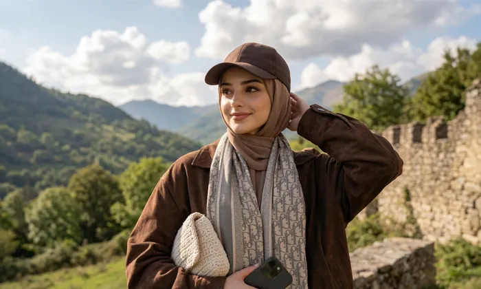 Tarih ve yeşilliğin birleştiği bir manzarada portre promptu ile üretilen bir örnek görsel.
