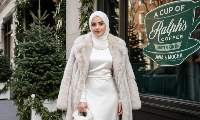 Baştan aşağı beyaz lüks sokak stili portresi promptu ile üretilmiş bir örnek görsel.