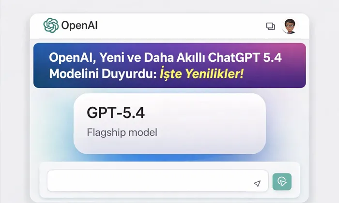 Turkuaz‑mavi‑yeşil gradyan arka planda ChatGPT arayüzü; ortada GPT‑5.4 Flagship model etiketi ve büyük manşette "ChatGPT 5.4 Modelini Duyurdu".