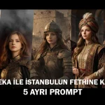 Osmanlı zırhı ve kraliyet kıyafetleriyle beş kadın portresi; her biri İstanbul’un fethi temalı farklı tarihi arka plan ve aksesuarlarla tasvir edilmiş. İstanbul'un Fethi Promptları tanıtım görseli.
