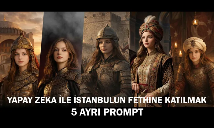 Osmanlı zırhı ve kraliyet kıyafetleriyle beş kadın portresi; her biri İstanbul’un fethi temalı farklı tarihi arka plan ve aksesuarlarla tasvir edilmiş. İstanbul'un Fethi Promptları tanıtım görseli.