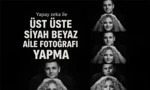Yapay zeka ile üst üste siyah beyaz aile fotoğrafı yapma başlıklı örnek bir kapak görseli.