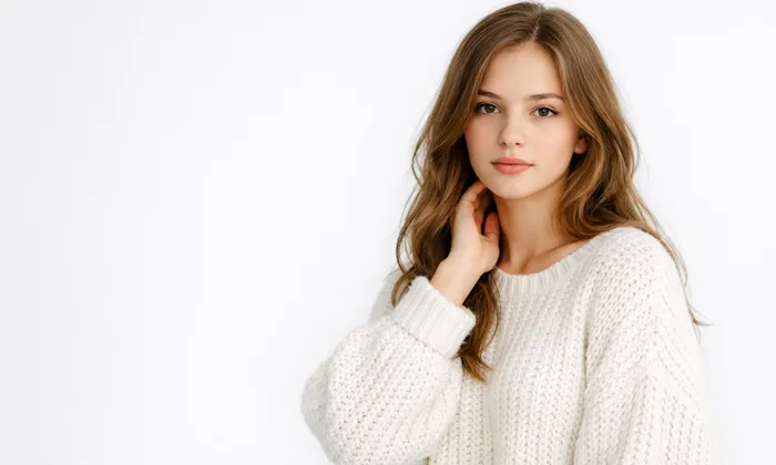 Genç kadın, beyaz örgü kazakla sade arka planda . İçerik için referans portre.