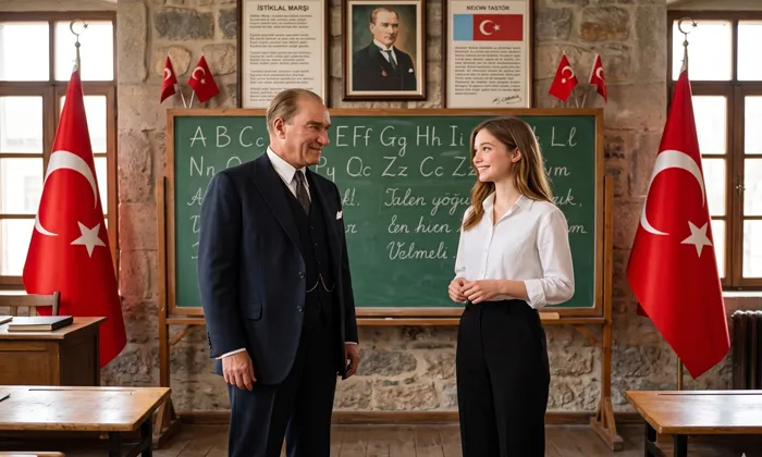 Atatürk ile Okulda Fotoğraf Promptu ile Üretilmiş Örnek Görsel.