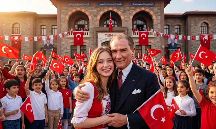 Atatürk ile TBMM Önünde Fotoğraf Promptu ile üretilmiş Örnek Görsel